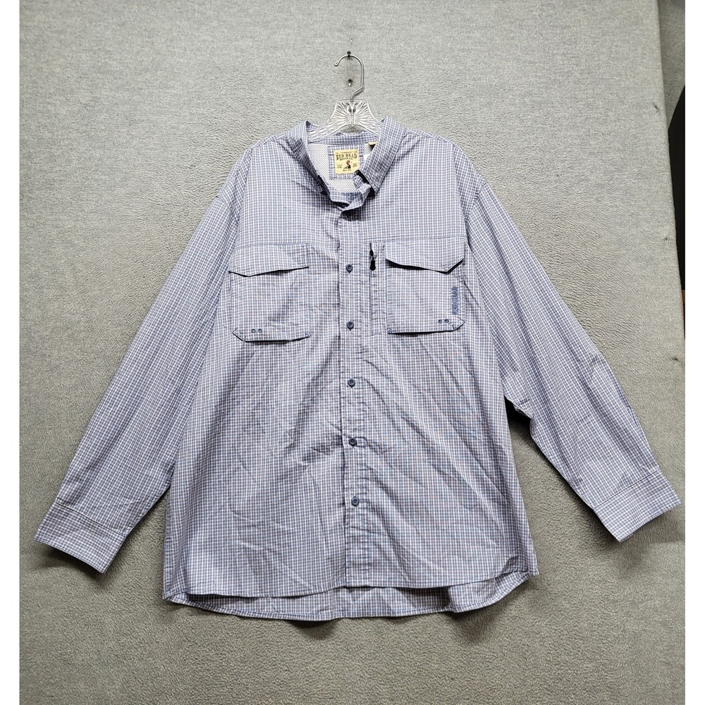 Red Head Men Button Up Shirt 2XL Blue White Embroidery Check
